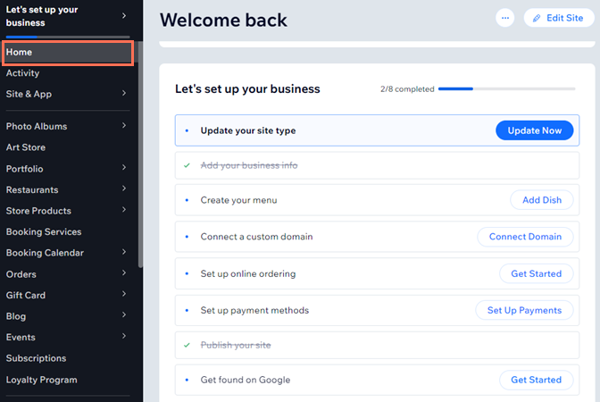 Uma captura de tela da página inicial do painel de controle com as etapas de configuração visíveis.