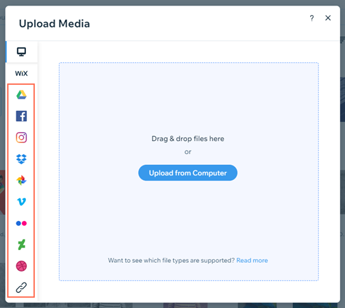 A screenshot of the Upload Media option in the Media Manager with the Social Network options highlighted.