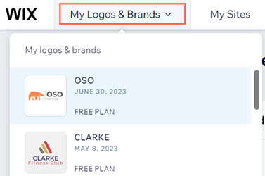 A screenshot of the Brand Studio with the My Logos & Brands dropdown highlighted.