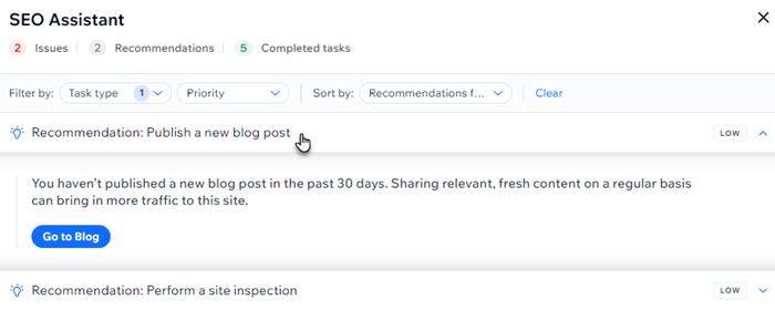 A screenshot of the Recommendations section in the Wix SEO Assistant.