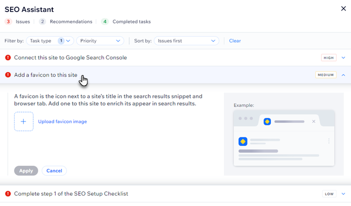 A screenshot of the Issues section in the Wix SEO Assistant.