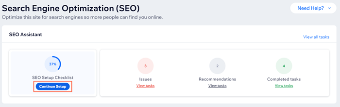Screenshot dell'Assistente SEO di Wix con l'opzione Continua la configurazione in evidenza