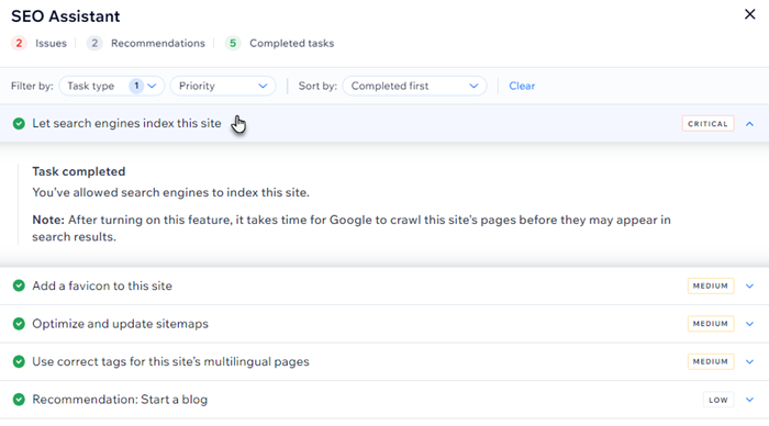 A screenshot of the Completed tasks section in the Wix SEO Assistant.