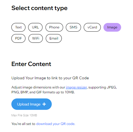QR コードジェネレータで利用可能なコンテンツタイプのスクリーンショット。