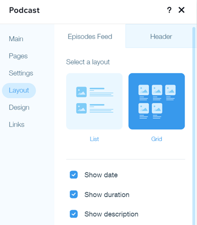 Uma captura de tela das opções de layout do Player de Podcast Wix.