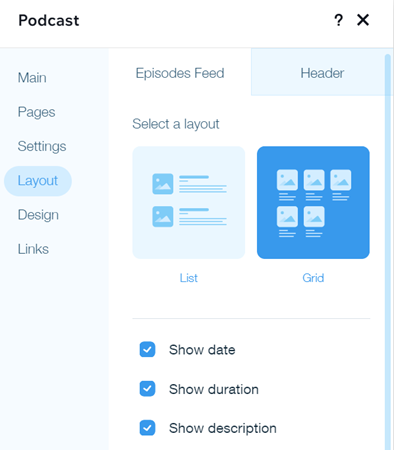 A screenshot of the Wix Podcast Player's Layout options.