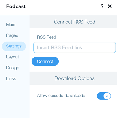 A screenshot of the Settings panel showing the RSS Feed options.