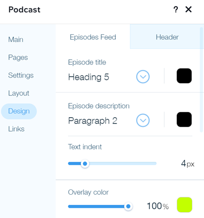 Uma captura de tela das opções de design disponíveis para o Feed de episódios na página Visão geral do podcast.