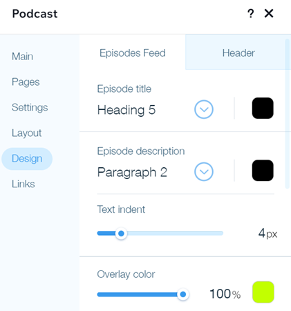 A screenshot of the design options available for the Episodes Feed on the Podcast Overview page.