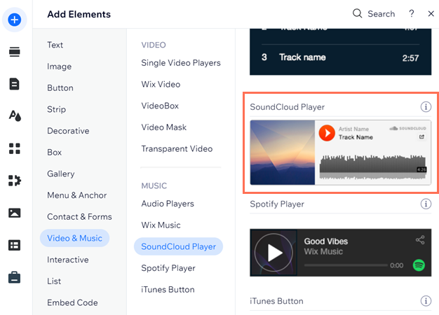 Uma captura de tela mostrando o painel Elementos com o Player da SoundCloud destacado.