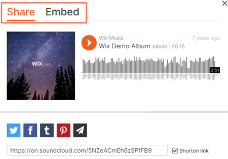 Een screenshot van de opties voor delen en embedden in SoundCloud.