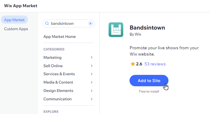 A screenshot of the Bandsintown app in the App Market with the Add to Site button highlighted.