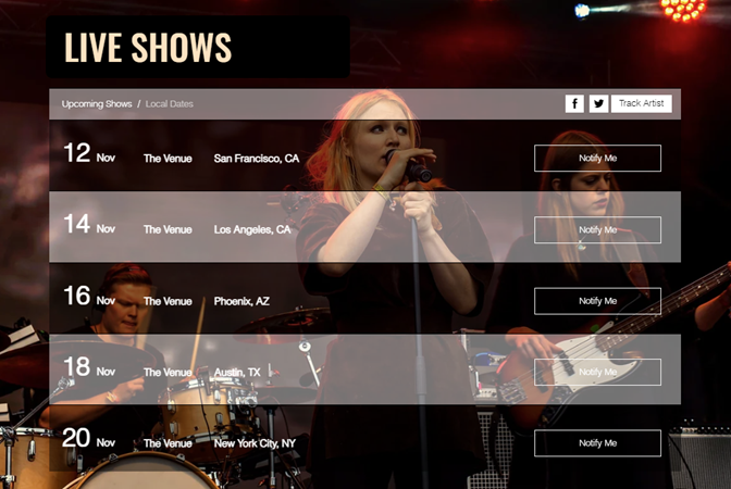 Uma captura de tela do aplicativo Bandsintown em um site online.