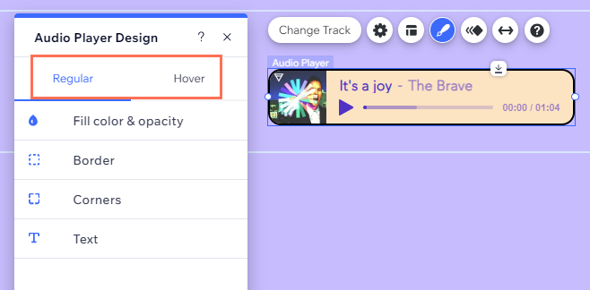 A screenshot of the design options for the Audio Player with the Regular and Hover options highlighted.