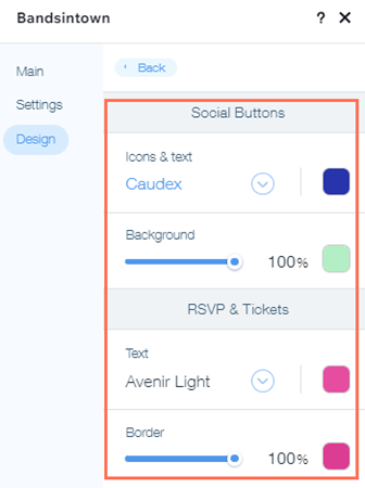 Screenshot des Design-Panels in der Bandsintown-App.