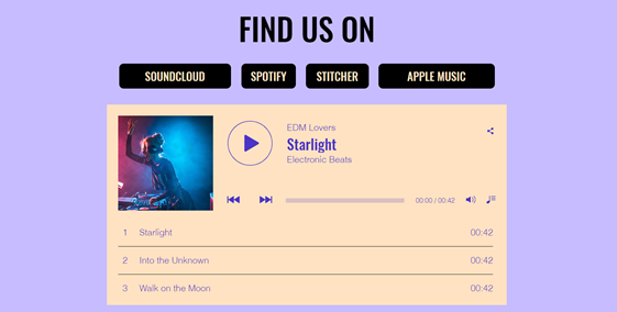 Screenshot eines Players von Wix Music auf einer Live-Website