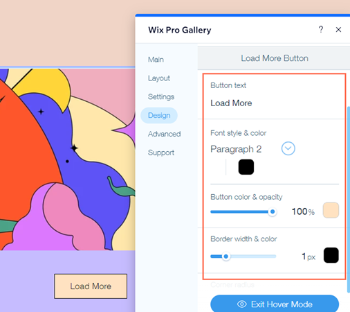 A screenshot of the Design panel with the Load more design options highlighted.