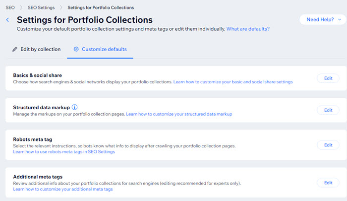 A screenshot of the SEO Settings for Portfolio Collections options.