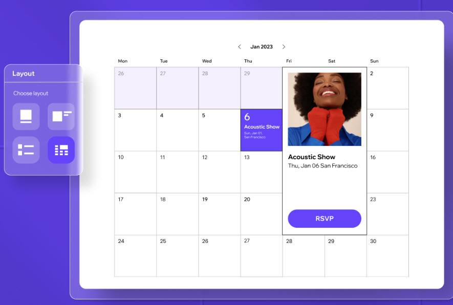 A screenshot of a calendar in Wix Events.