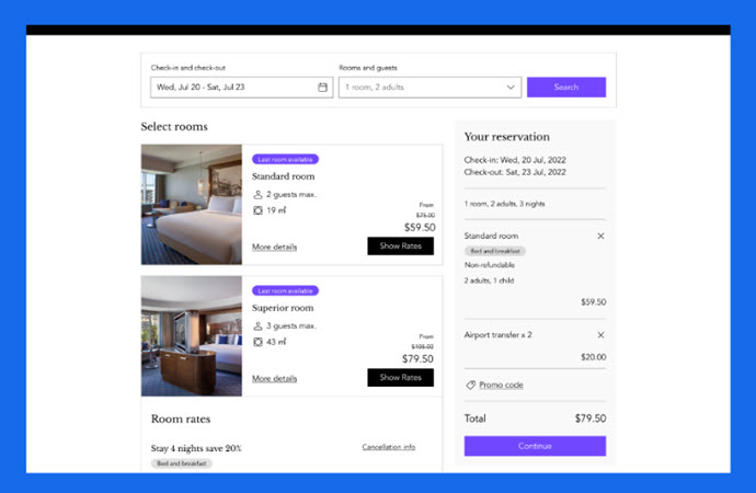 A screenshot of a reservation in Wix Hotels.