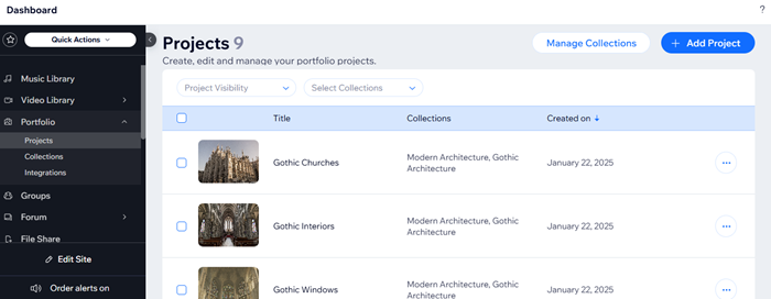 A screenshot of the Projects page in the dashboard.