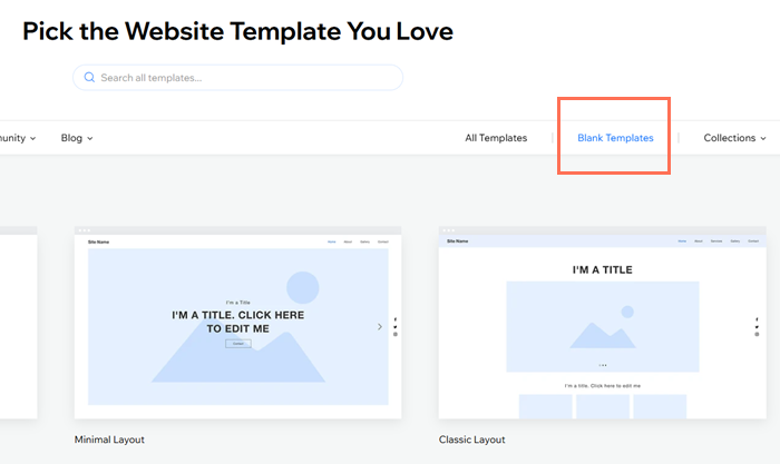 A screenshot of the templates page with the blank template options highlighted.