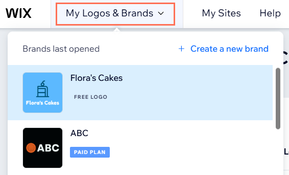 Uma captura de tela do dropdown Meus logos e marcas.