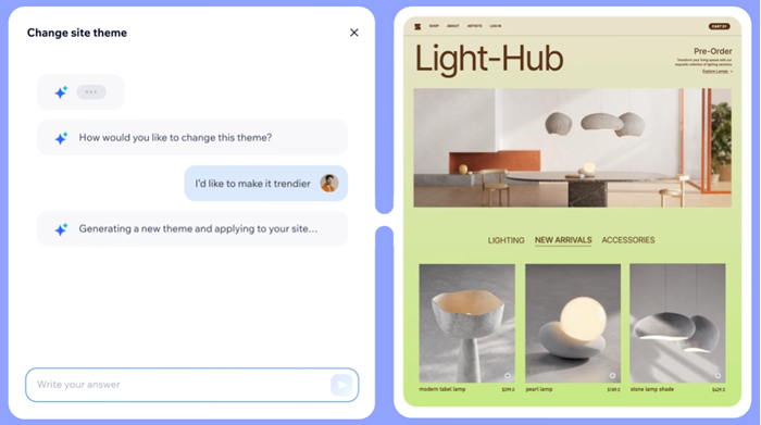 A screenshot of the AI Website Builder chat with a site mock-up to the left.