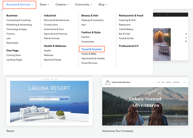 A screenshot of the templates page with the Business & Services and Travel & Tourism template options highlighted.