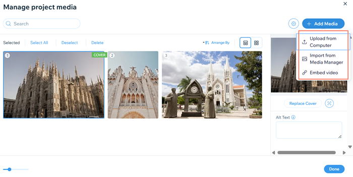 A screenshot showing the available options when you click Add Media.