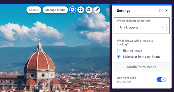 A screenshot with the When clicking on a link: drop-down highlighted.