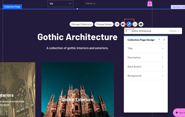 Uma captura de tela das opções de design da página de coleção.
