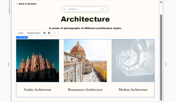 Uma captura de tela de um portfólio no editor.