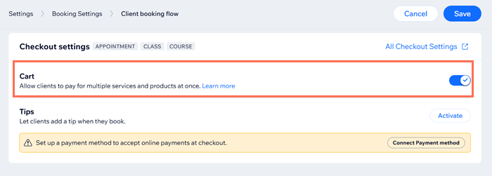 A screenshot showing how to access the checkout settings in the dashboard.