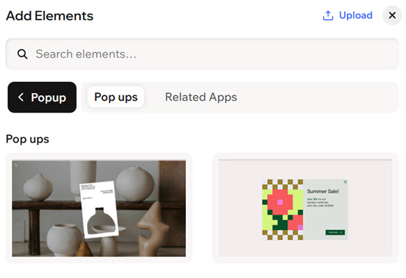 צילום מסך המציג את הקטגוריה Popup בחלונית ההוספה.