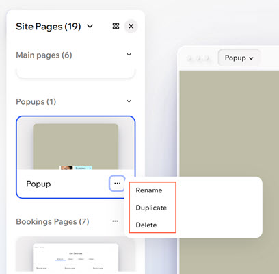 צילום מסך שמראה את אפשרויות הניהול של חלונות פופ-אפ.