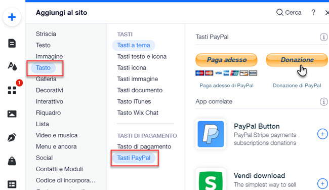 Il pannello Aggiungi. La scheda Tasti è stata selezionata e il cursore è posizionato sul tasto Donazione di PayPal