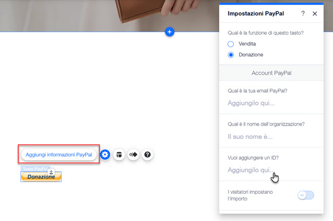 Il pannello delle impostazioni del tasto PayPal nell'Editor