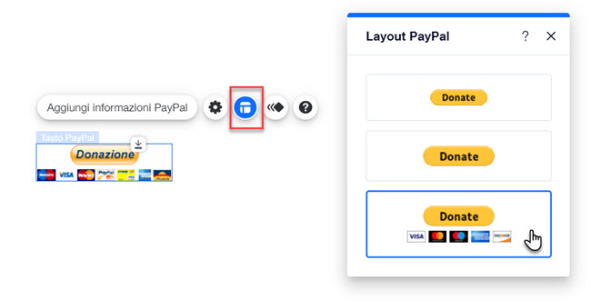 Il pannello del layout del tasto PayPal è aperto nell'Editor. Il cursore passa sopra l'ultimo preset