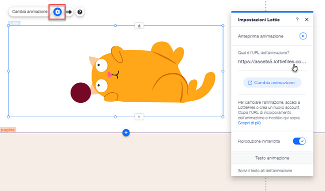 Il pannello Impostazioni Lottie nell'Editor. Il cursore si trova sul campo dell'URL