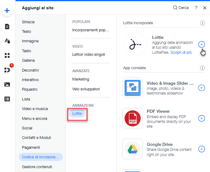 Il pannello Aggiungi elementi nell'Editor. Il cursore si trova sull'opzione per aggiungere Lottie al sito