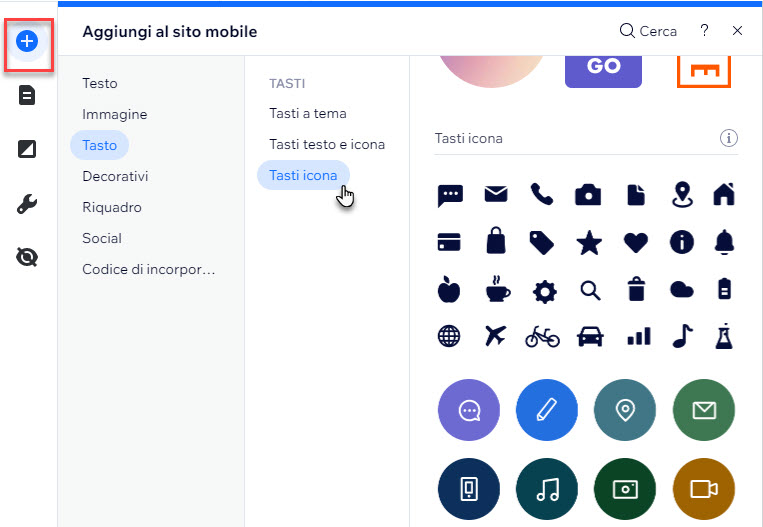 Il pannello Aggiungi nell'Editor mobile. L'icona Aggiungi è stata evidenziata e il cursore passa sopra