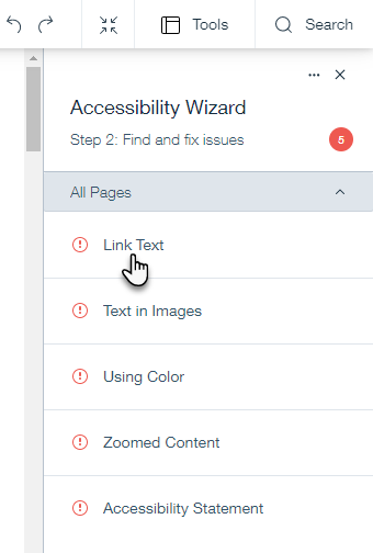 Step 2 in the Wizard. The cursor is hovering over an issue with Link Text in All Pages