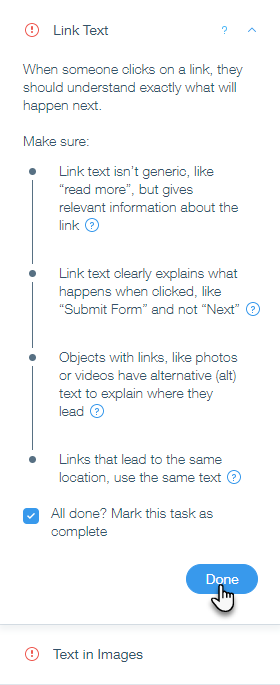 A manual check card in the Wizard advising to check link text on the site. The cursor is hovering over 'Done'.