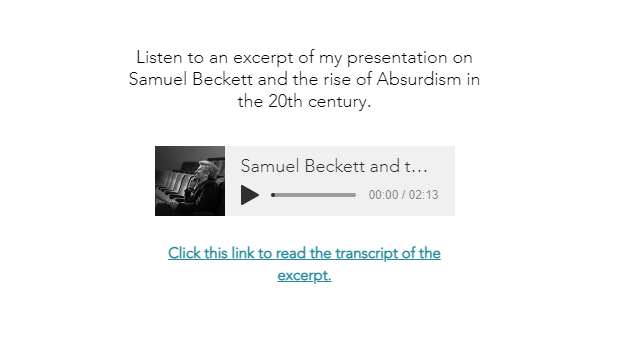 A picture of an audio player. Text above advising visitors they can click to listen. Link under player leads to transcript.