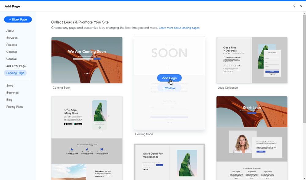 Painel de adição de página no Editor Wix. Landing page selecionada, landing pages sendo exibidas.