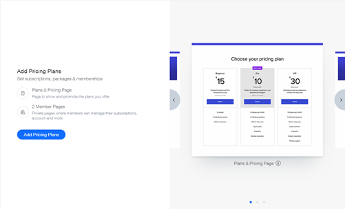 The Pricing Plans option in the Add Page panel has been selected. An example of a page is displayed.