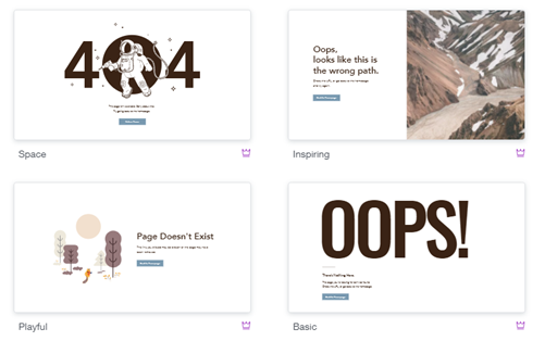 A screenshot showcasing some of  the available 404 error page templates.