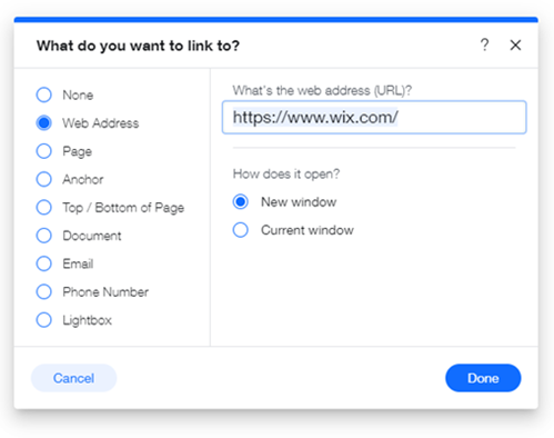 Screenshot des Link-Panels im Wix Editor.