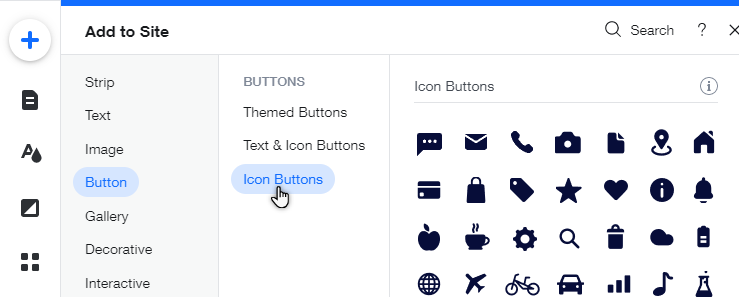 The Add panel in the Editor. The Button tab has been selected, and the cursor is hovering over Icon Buttons.